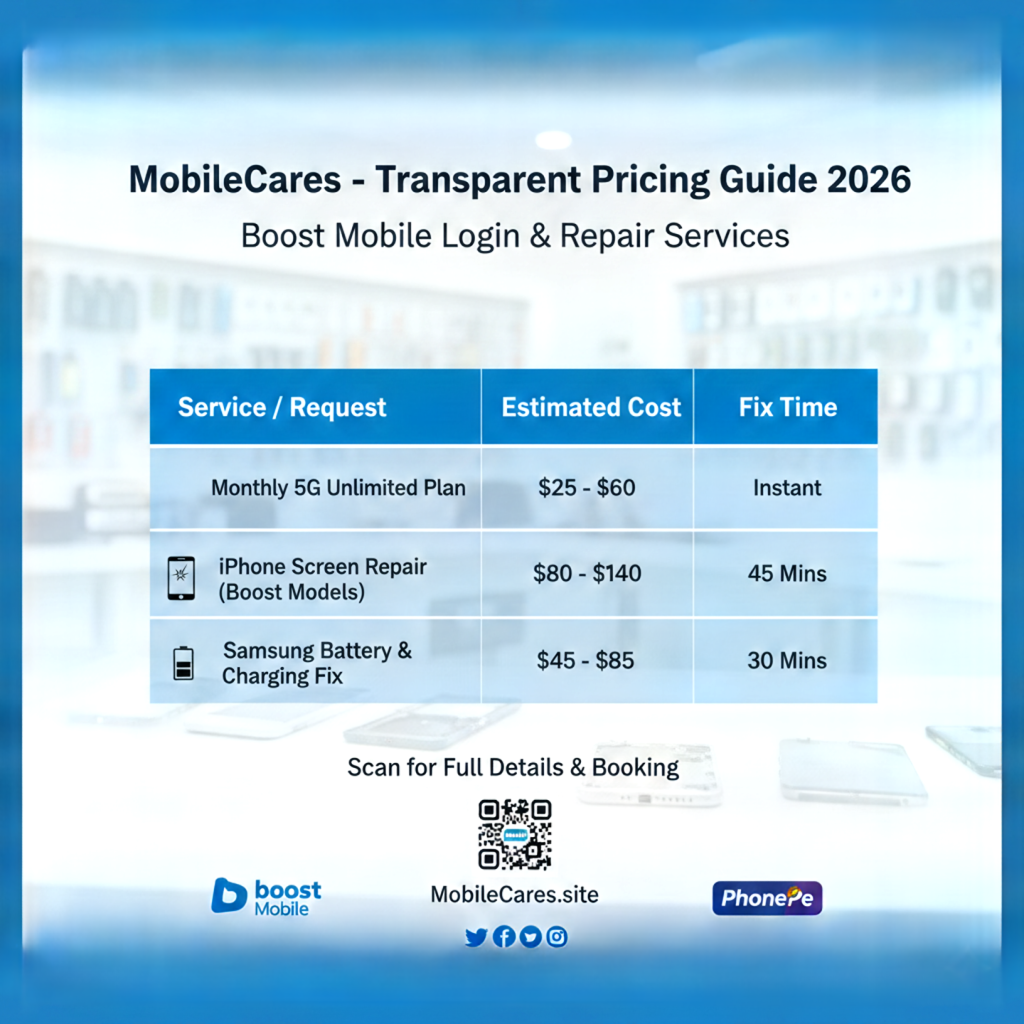 Boost Mobile 2026 Service Pricing Table - iPhone Screen Repair and Samsung Battery Fix Costs
