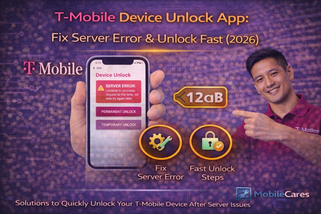 "Troubleshooting server error on T-Mobile network unlock settings."